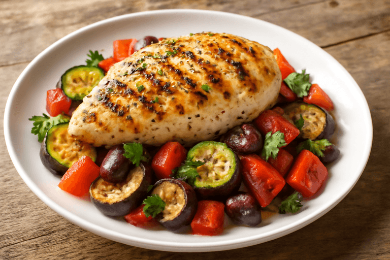 Gegrilltes Hähnchenbrustfilet mit mediterranem Gemüse