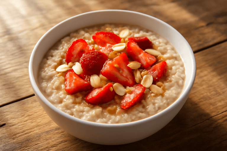 Beljakovinska ovsena kaša z jagodami in mandlji