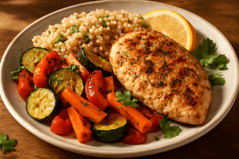 Pollo a la plancha con verduras asadas y quinoa