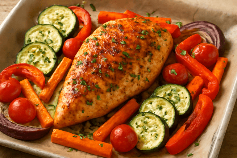 Piept de pui la cuptor cu legume colorate