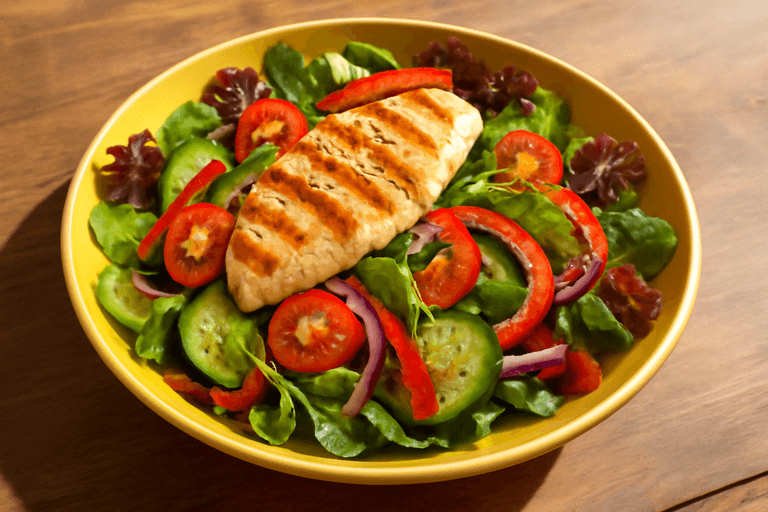 Salată clasică cu piept de pui la grătar și legume proaspete