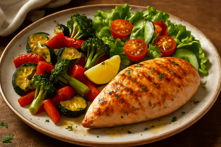 Piept de pui la grătar cu legume la cuptor și salată verde fresh