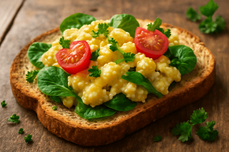 Klassisk äggröra med färska grönsaker och fullkornsbröd