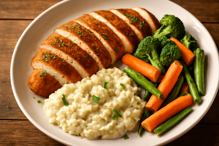 Kryddig kycklingfilé med blomkålsmos och ångade grönsaker
