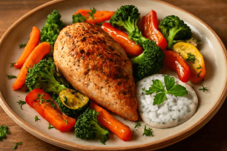 Lätt kycklingfilé med rostade grönsaker & örtdressing