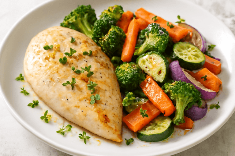 Leichtes Zitronen-Hähnchen mit Ofengemüse