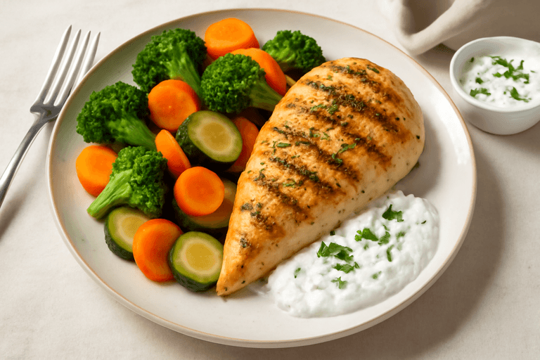 Piept de pui la grătar cu legume la aburi și dressing de iaurt
