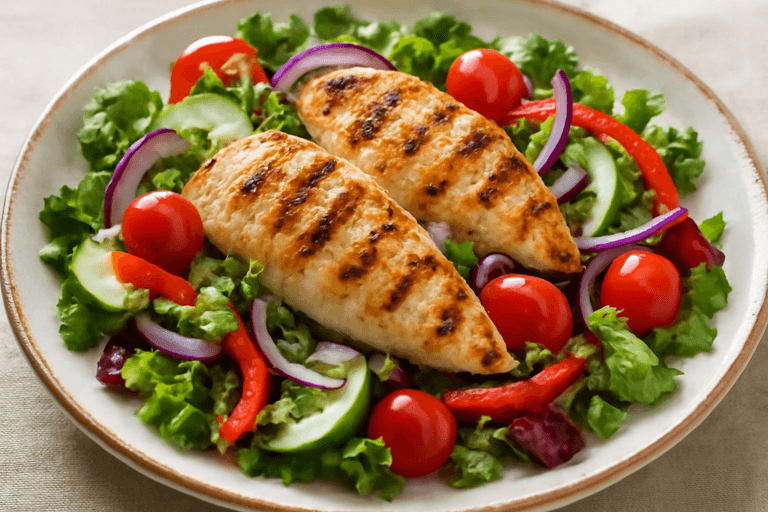 Salată energizantă cu pui la grătar și legume proaspete