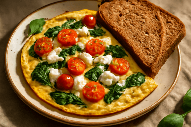 Omletă sățioasă cu spanac și roșii