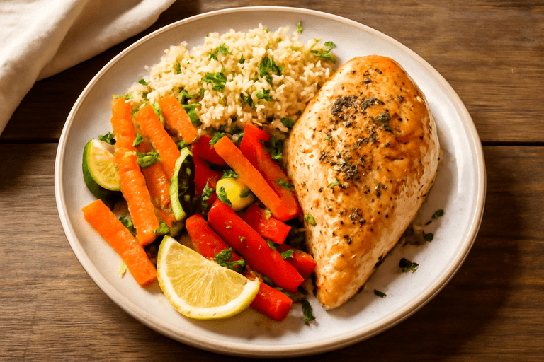 Kycklingfilé med ugnsbakade grönsaker och quinoa