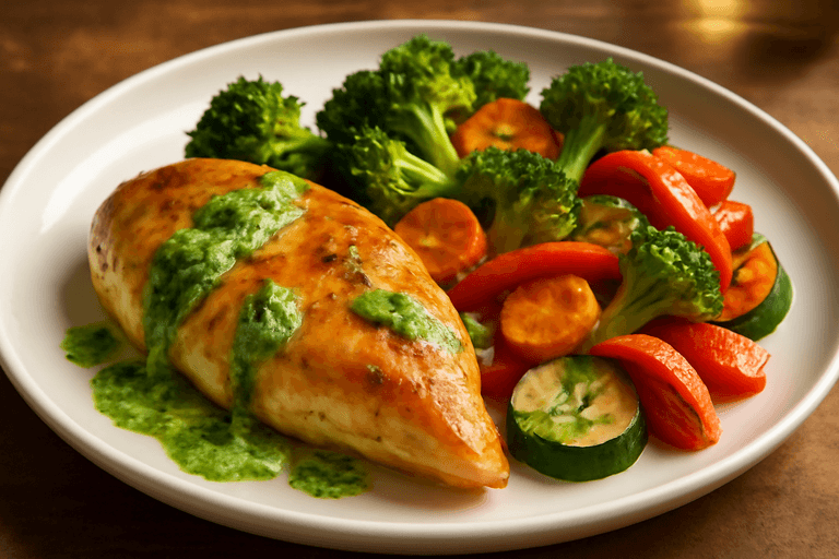 Klassisk kycklingfilé med rostade grönsaker och örtdressing