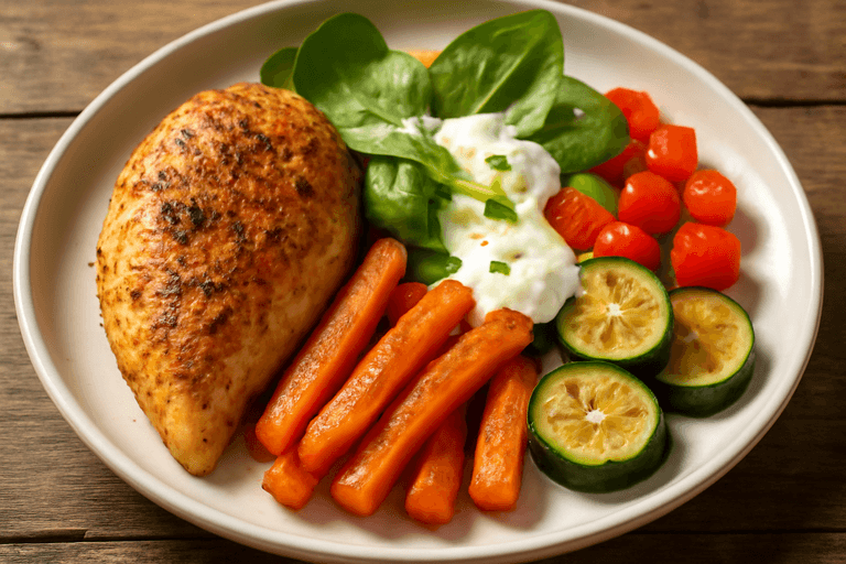 Lätt Kycklingfilé med Rostade Grönsaker och Citronyoghurt