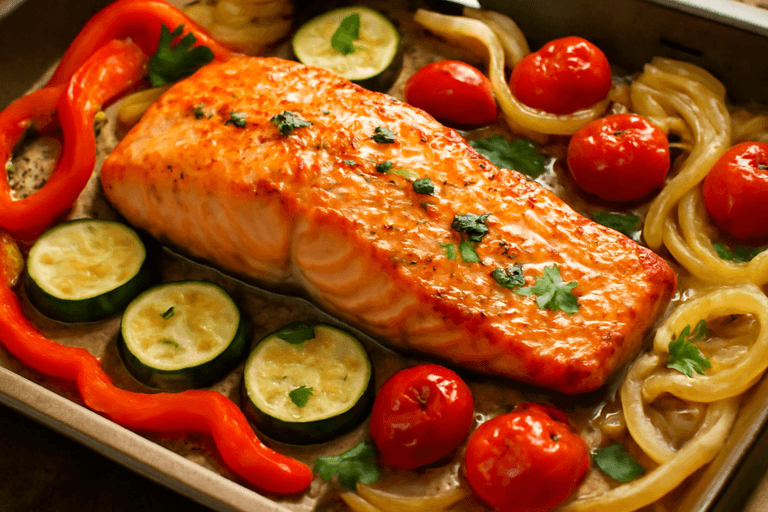 Salmon Panggang dengan Sayuran Mediterania