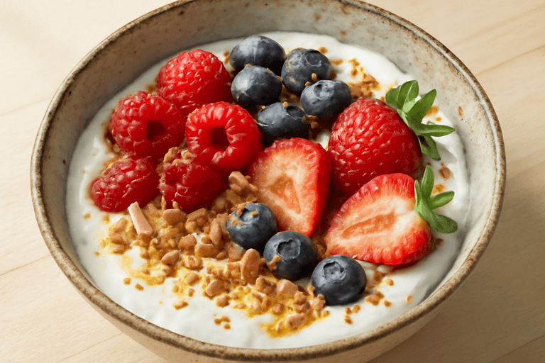 Leichter Frühstücks-Quark mit Beeren und Mandeln