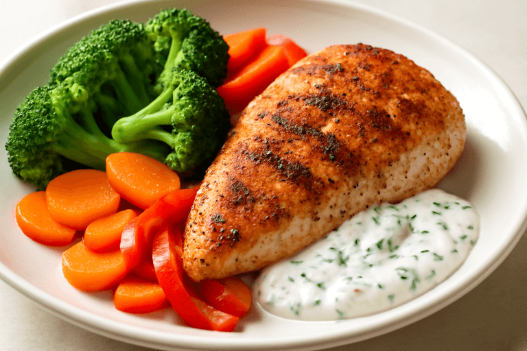 Piept de pui la grătar cu legume colorate și sos de iaurt