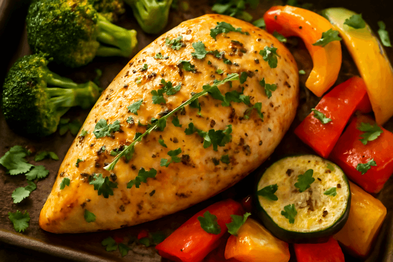 Zitronen-Kräuter Hähnchenbrust mit Ofengemüse