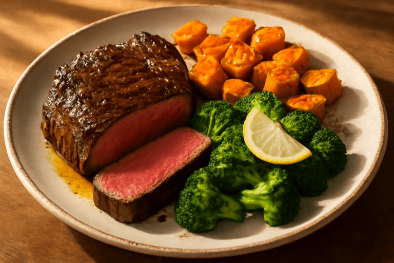 Herzhaftes Rindersteak mit gebackenen Süßkartoffeln und Brokkoli