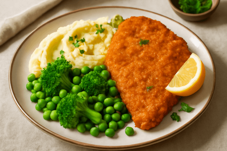 Klassisches Hähnchen-Schnitzel mit Kartoffelpüree und grünem Gemüse