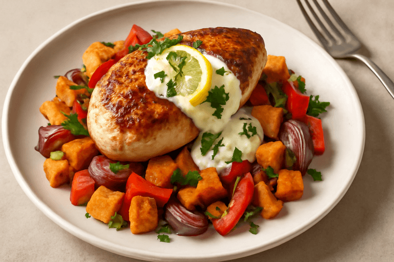 Lätt Kycklingfilé med Rostade Grönsaker & Citronyoghurt