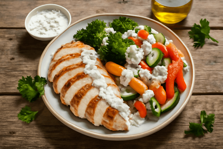 Piept de pui la grătar cu legume proaspete și dressing de iaurt