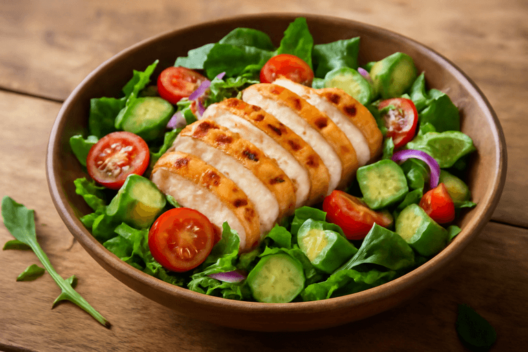 Salata sățioasă cu piept de pui, avocado și legume proaspete