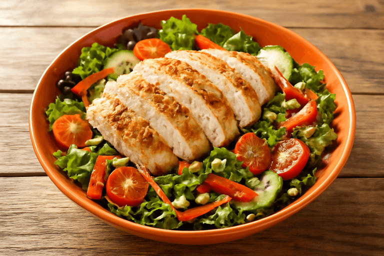 Salată hrănitoare cu pui la grătar și legume proaspete