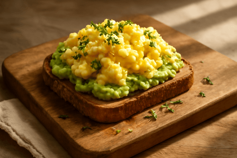 Colazione Proteica Classica: Pane Integrale, Uova Strapazzate e Avocado