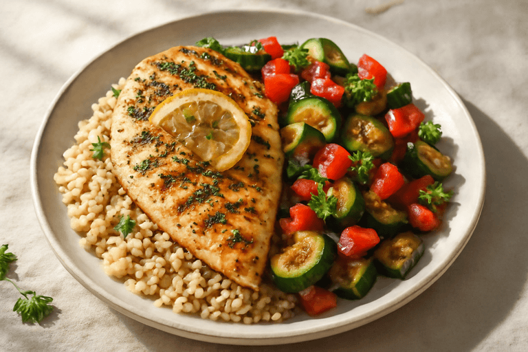 Gegrilltes Hähnchenfilet mit mediterranem Gemüse und Vollkornreis