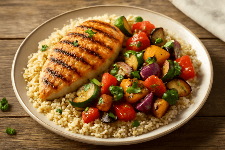 Gegrilltes Hähnchen mit mediterranem Gemüse und Quinoa