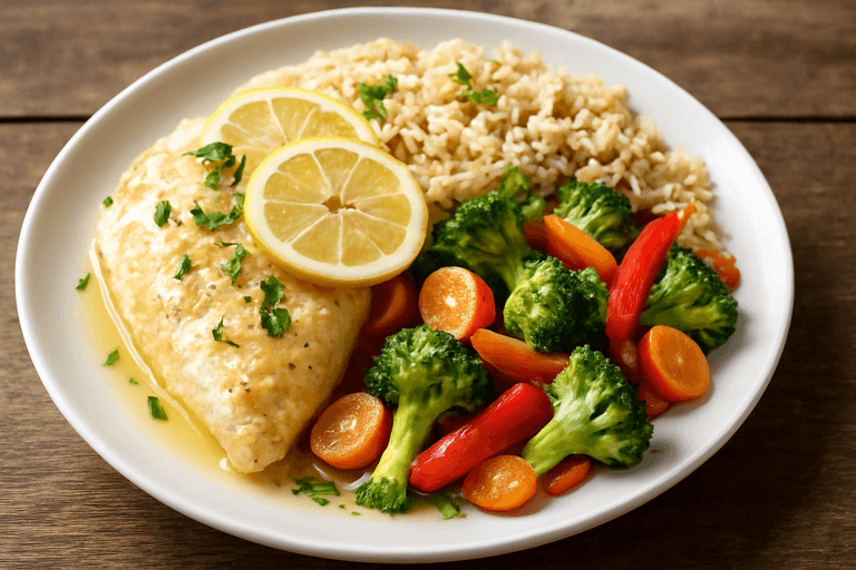 Leichtes Zitronenhähnchen mit Gemüse und Vollkornreis