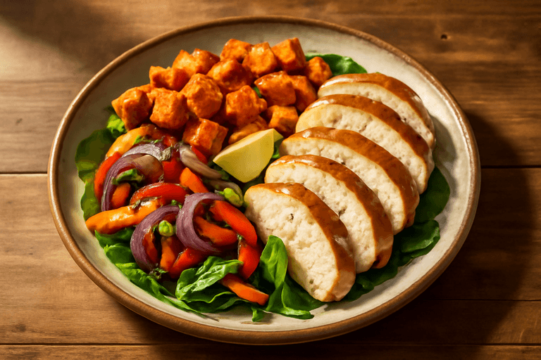 Saftig kyckling med rostad sötpotatis och grönsaksbädd