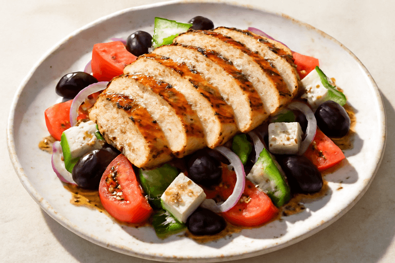 Κοτόπουλο Σχάρας με Σαλάτα Χωριάτικη