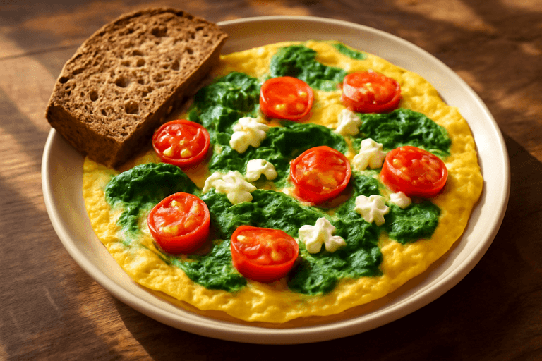 Omletă pufoasă cu spanac și roșii cherry