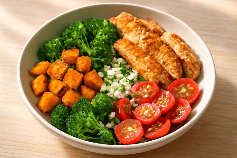 Proteinreiches Hähnchen-Süßkartoffel-Bowl