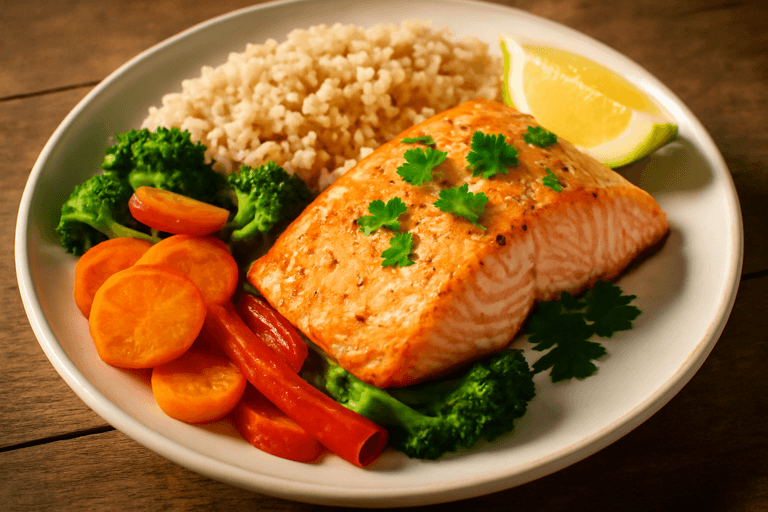 Klassieke Zalmfilet met Geroosterde Groenten en Volkorenrijst