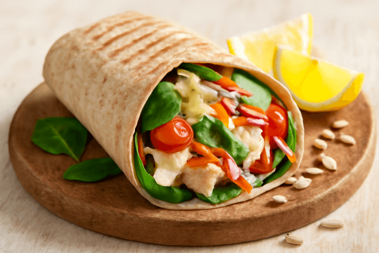 Klassisk kycklingwrap med grönsaker och hummusdressing