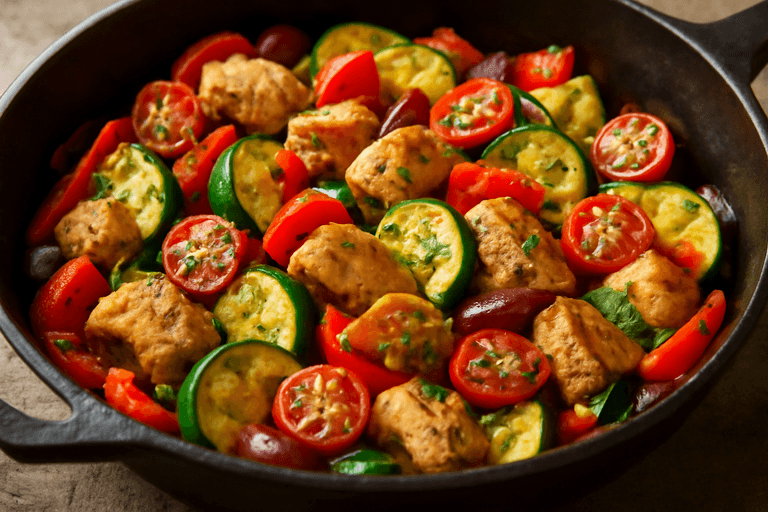 Leichte Hähnchen-Gemüse-Pfanne mit mediterranem Flair