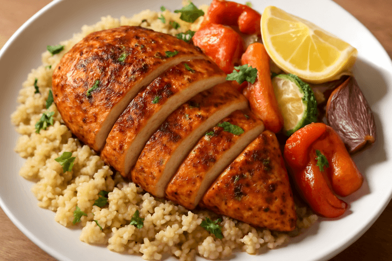 Saftig kycklingfilé med rostade grönsaker och quinoa