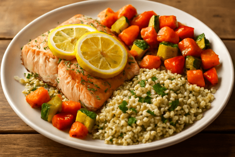 Ugnsbakad lax med rostade grönsaker och quinoa