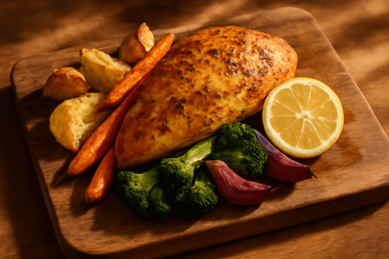 Klassisk ugnsstekt kyckling med rostad potatis och grönsaker