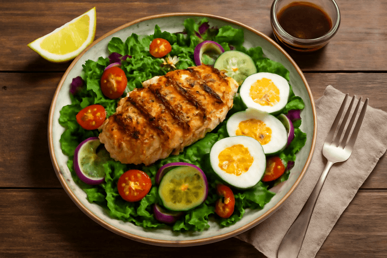 Ensalada clásica de pollo a la plancha con vinagreta de limón