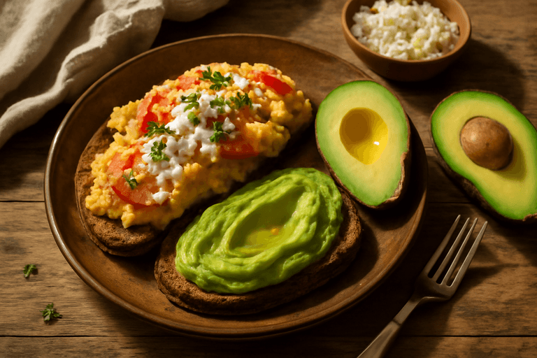 Herzhaftes Kraft-Frühstück: Rührei mit Vollkornbrot & Avocado