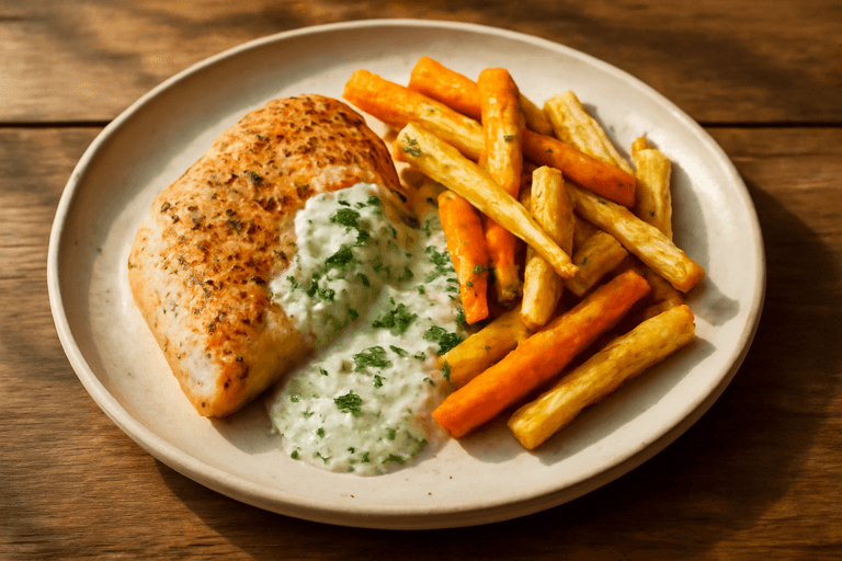 Lätt kycklingfilé med rostade rotfrukter och örtsås