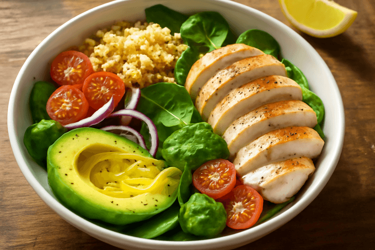 Färgglad kycklingsallad med quinoa och avokado