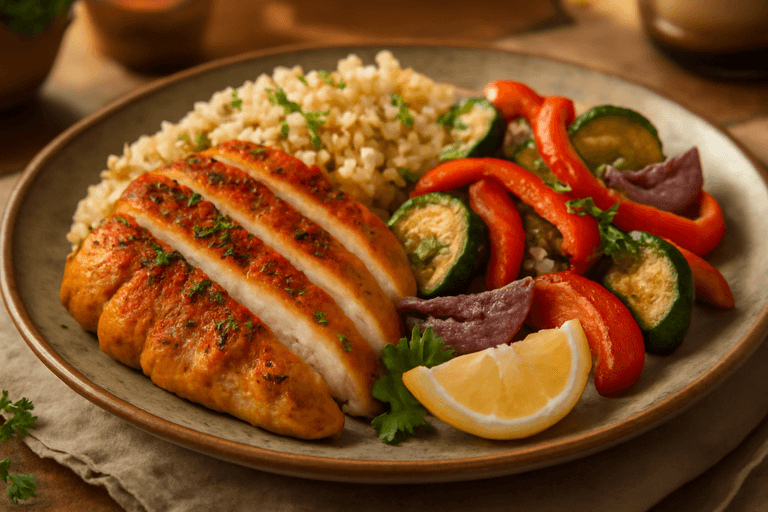 Kruidige Kipfilet met Volkorenrijst en Geroosterde Groenten