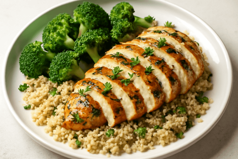 Lemon Herb Grilled Chicken with Quinoa & Steamed Broccoli