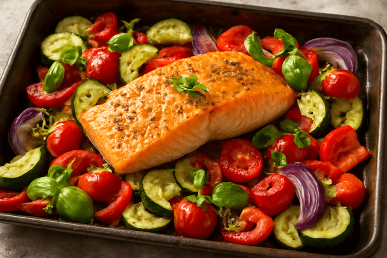 Somon la cuptor cu legume mediteraneene