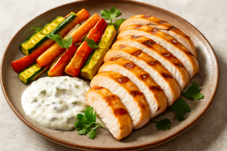 Piept de pui la grătar cu legume colorate și sos tzatziki light
