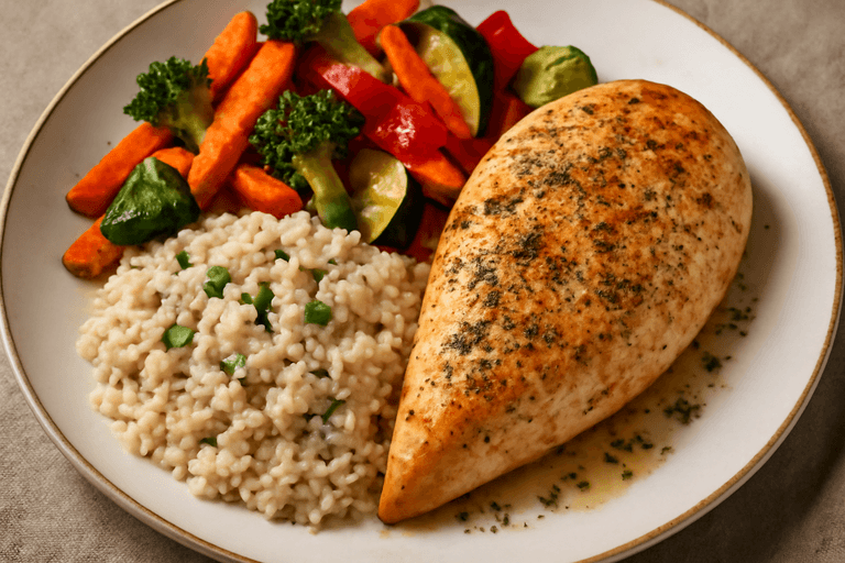Saftig Kyllingfilet med Ovnsbakte Grønnsaker og Fullkornris