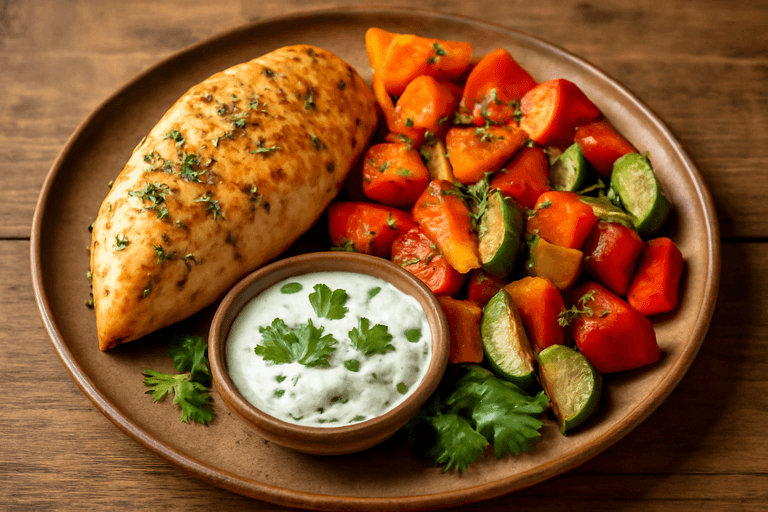 Kycklingfilé med rostade grönsaker och örtsås